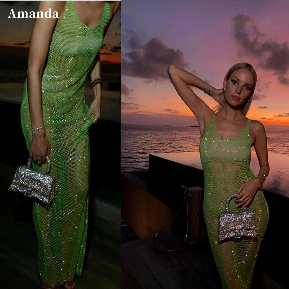 

Amanda Shiny Green Prom Dresses 2023 Sexy Transparent Party Dress Shiny Straight Evening Gown Sleeveless Party Dress