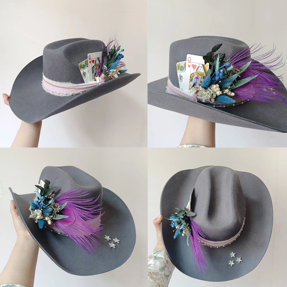 

Wool cowboy hat diy light gray women's western cowboy hat dried flower accessories women's party felt hat Panama hat sun hat