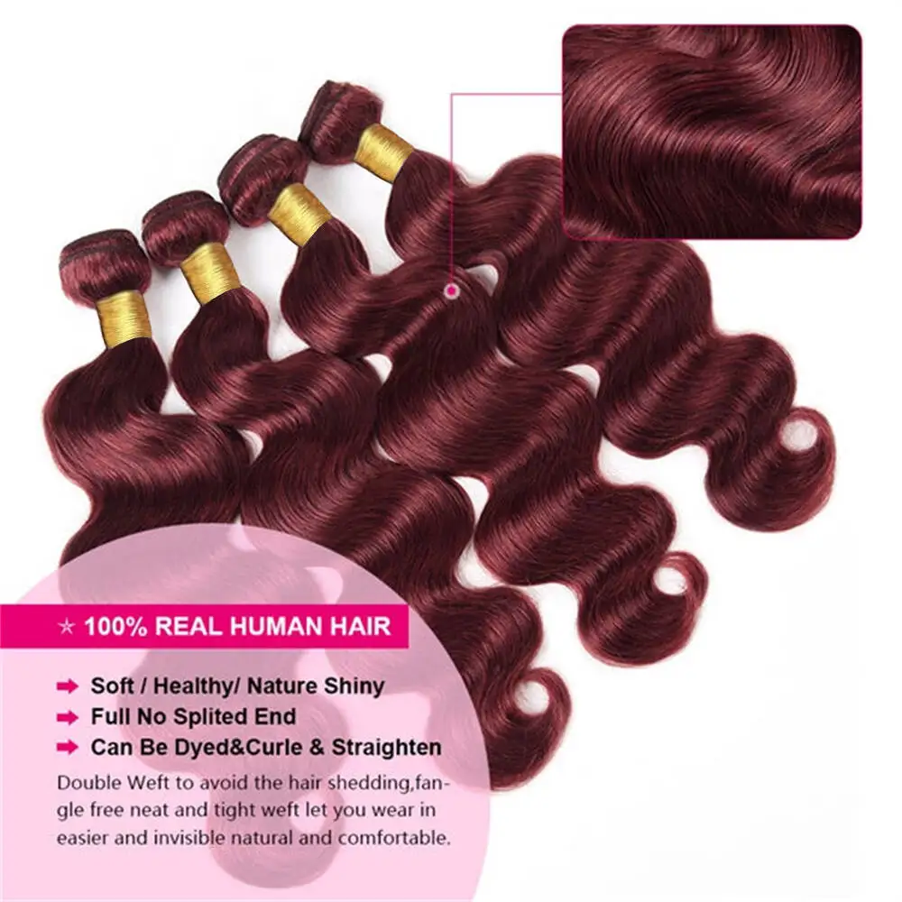 #99j Body Wave Bundles With Closure Frontal 13x4 Lace 100% Human Hair Extensions Burgundy Colored Human Hair Bundle And Frontal