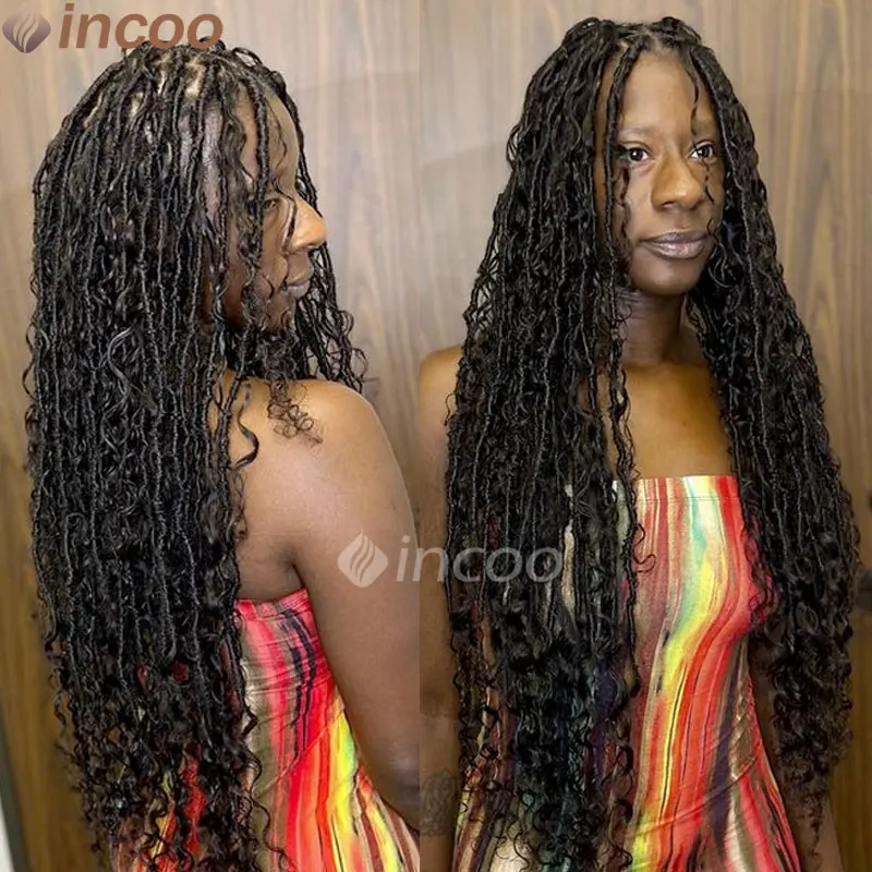 32 Inch Full Lace Wigs For Black Women Bohemian Medium Lace Wig Synthetic Braided Lace Front Wig With Curly Ends Knotless Braids