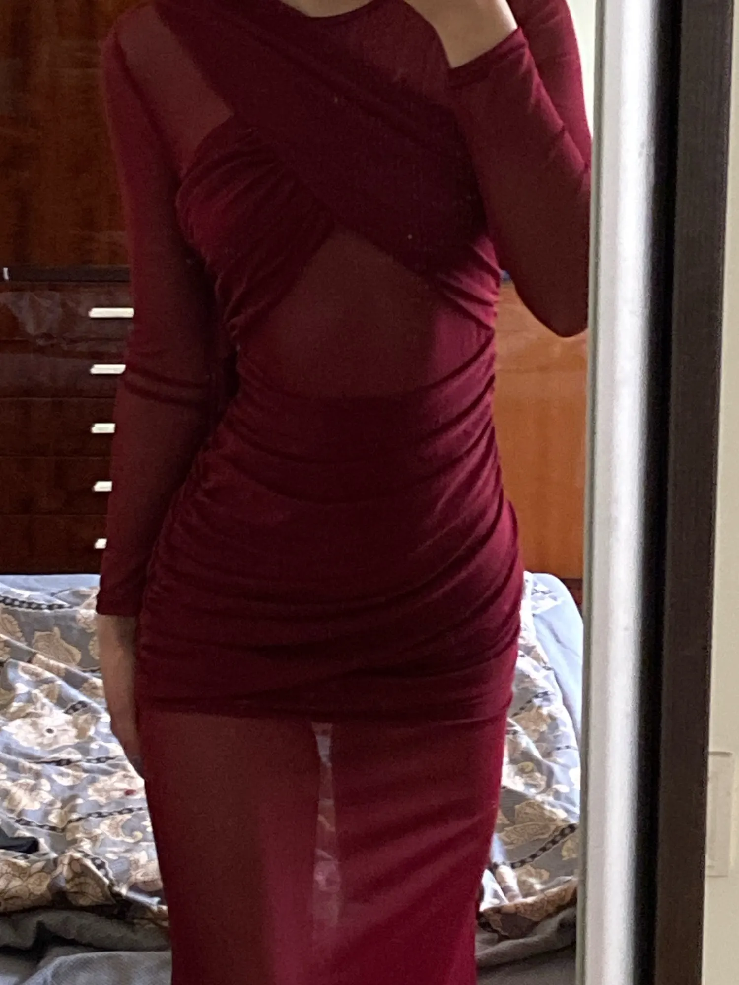 Sophisticated Long Sleeve Bodycon Dress with Mesh Patchwork photo review