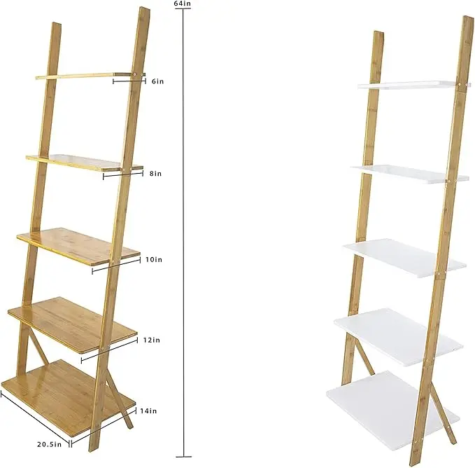 5-Tier Bamboo Ladder Shelf - Leaning Wall Design - Multi-Purpose Storage for Indoor/Outdoor - White Finish - Space-Saving Displa 5