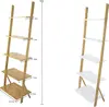 5-Tier Bamboo Ladder Shelf - Leaning Wall Design - Multi-Purpose Storage for Indoor/Outdoor - White Finish - Space-Saving Displa 5