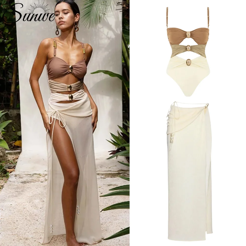 2024 New Color Block Cutout Shiny Texture One Piece Swimsuit and Sarong Vacation Swimwear Women Beachwear Bathing Suit