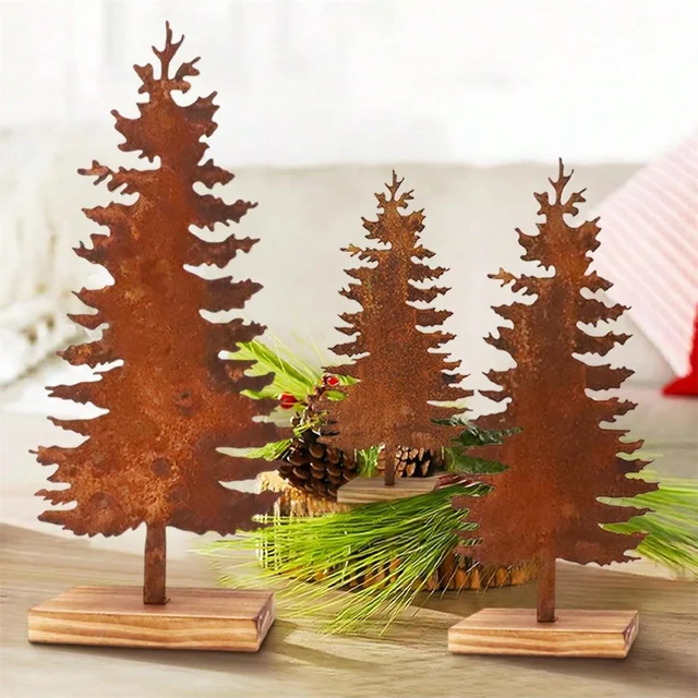 Rusty Metal Evergreen Tree Set Christmas Decor Vintage Christmas Trees Table Centerpiece with Wooden Base Indoor Farmhouse Decor 1