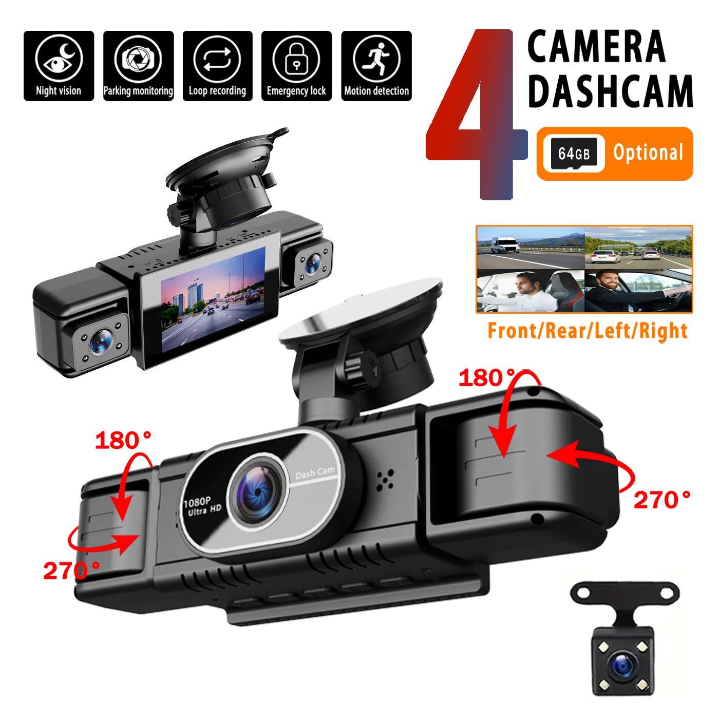 3-inch IPS 4-lens 1080P HD car dashcam with night vision G-sensor loop recording motion detection parking monitoring 12V