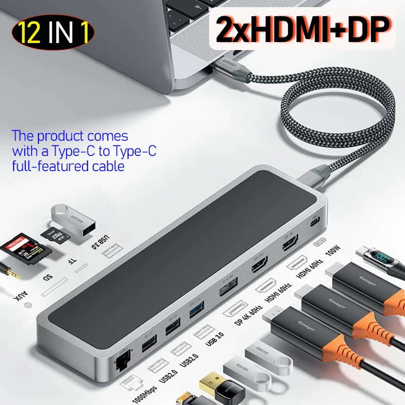 Usb c Hub Thunderbolt Dock hd tipo c Docking Station 2x Hdmi para Laptop Macbook Pro Macmini Hub Superfície Acessórios para pc 17 em pd - Imagem 2