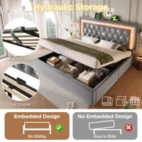 Бархатная двуспальная кровать 160x200 см со светодиодным алмазным изголовьем, зарядкой через USB и Type-C. Каркас кровати с гидравлическим ящиком и откидками, серый. — изображение 3