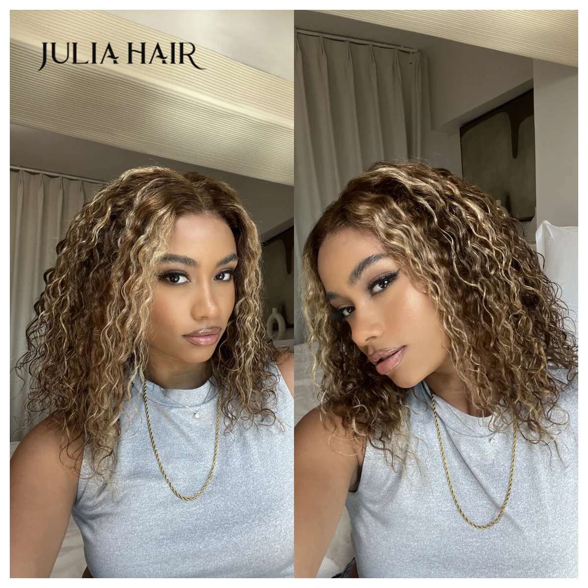 

Julia Hair Honey Blond Highlights Water Wave Bob Wig 7X5 Bye Bye Knots Pre Cut Lace Glueless Brazilian Water Wave Human Hair Wig