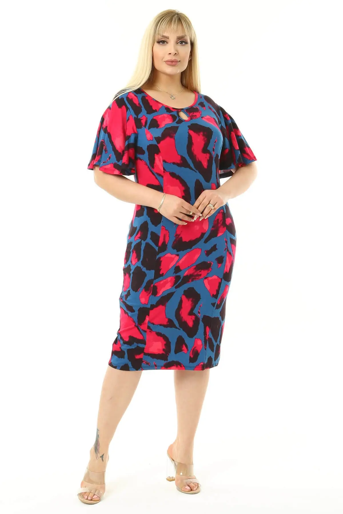 

Plus Size Women Oil Fuchsia Spotted Butterfly Sleeve Cups Lycra Viscose Ruffled Round Neck Style Trend Casual XL 2XL 3XL 4XL 5XL