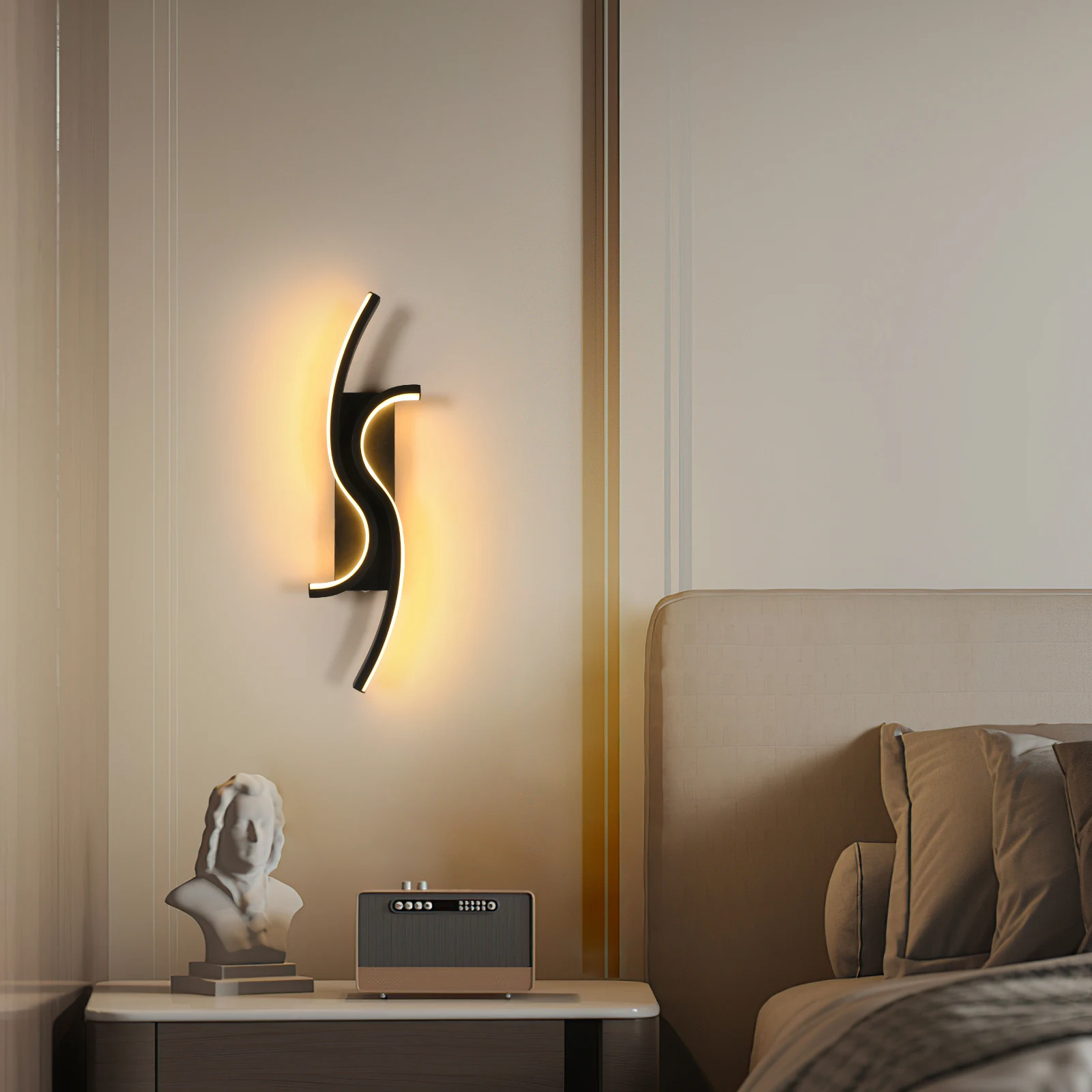 LED Wall Applique, Black Interior Wall Lamp, Warm White Light 3000K Modern Curve for Bedroom, Living Room, Corridor, 3000K: 3 - 5 Days Free Delivery Only UK