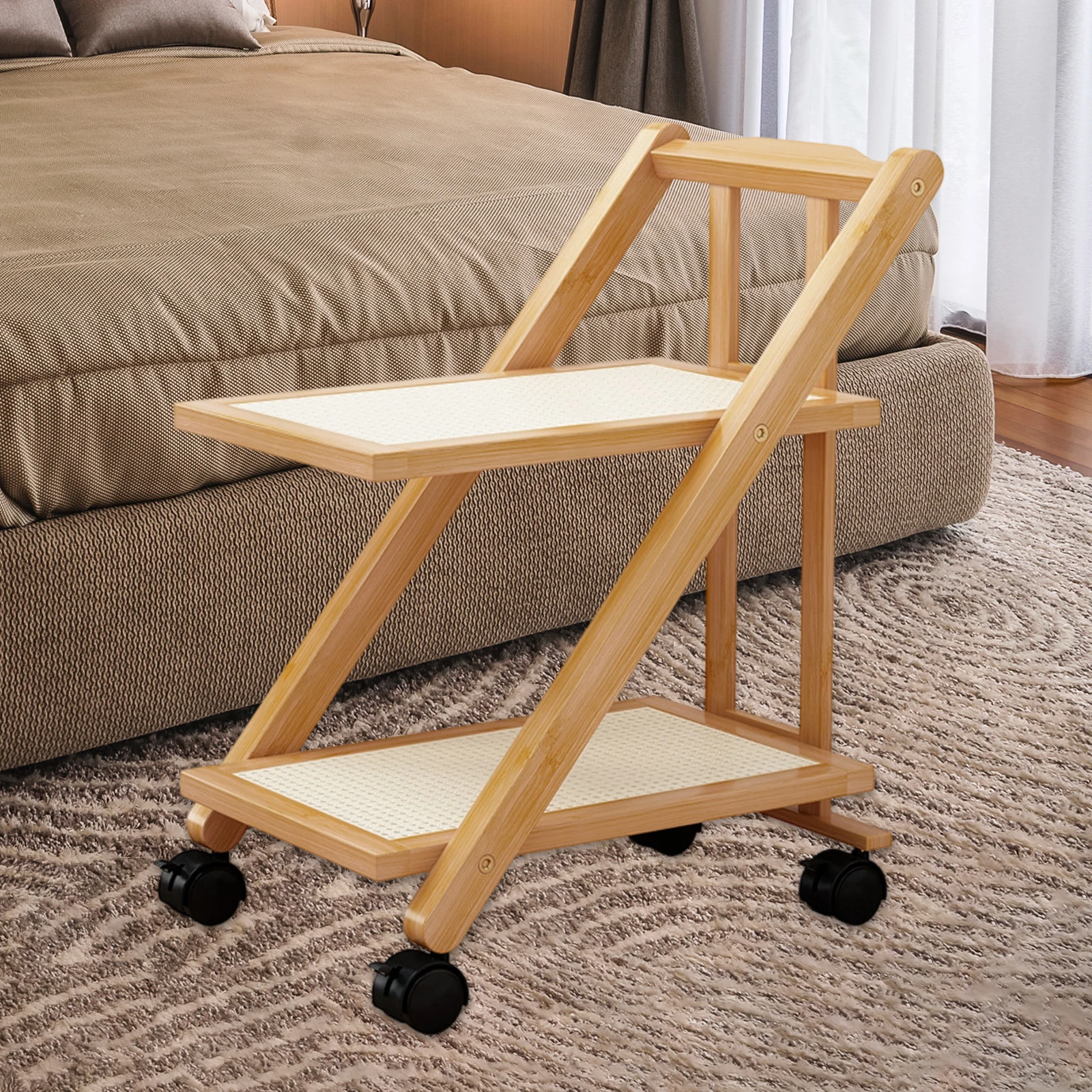 رف تخزين طاولة بجانب السرير قابل للطي مع عجلة 2-La...