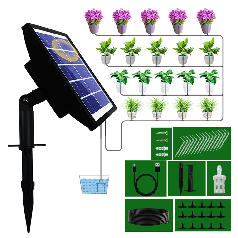 Solar Drip Irrigation Kit Anti-siphon Solar Powered 1-600s Timer Automatic Irrigation System for Indoor Garden Balcony 15 Pots