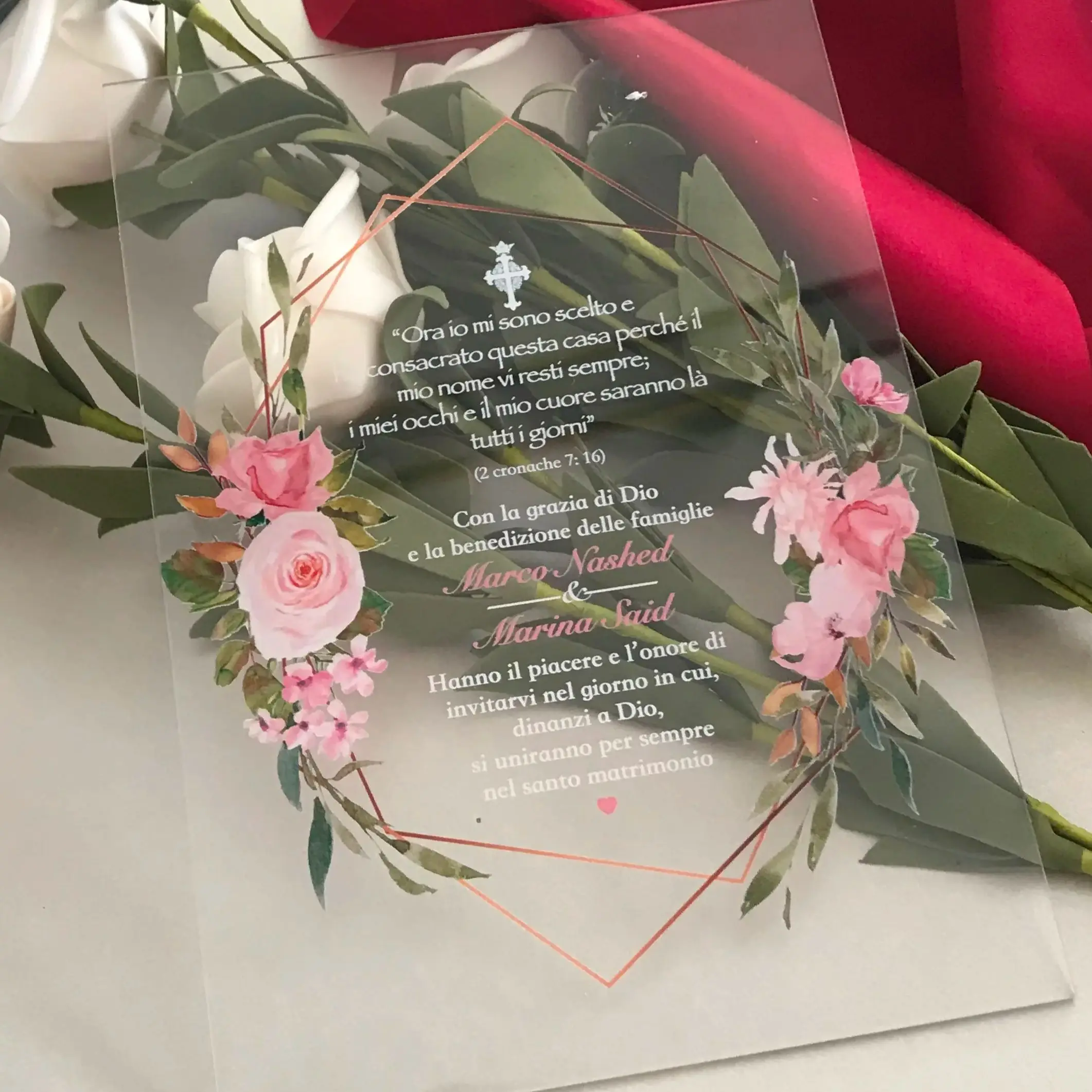 

Custom Acrylic Wedding Invitation,Pink Flower, Roses Wedding Invite, Green Leaves, 10Pcs