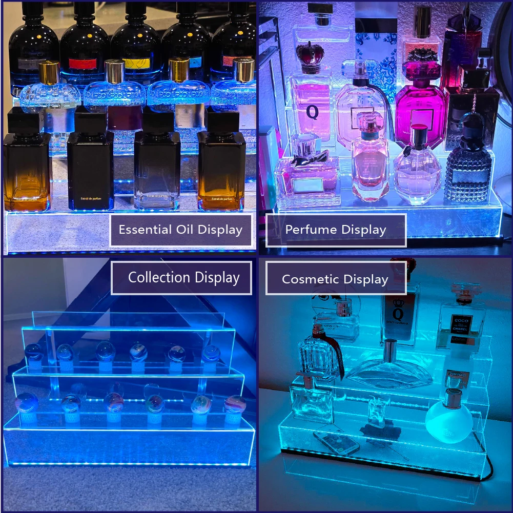 Acrylic Display Rack with LED Lights 3 Tier Nail Polish Perfume Rack and Display Ladder Rack Figures Stand Clear Cupcake Rise