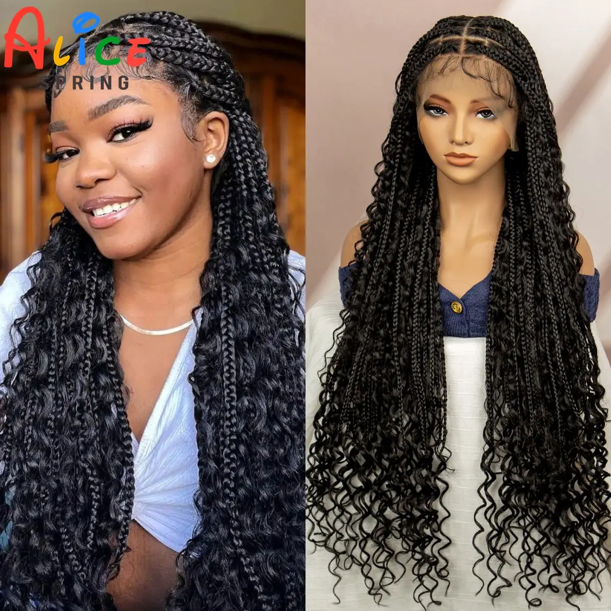 

36 Inch Synthetic Full Lace Braided Wig Knotless Box Braided Wigs with Curly Ends for Black Women Braided Lace Wig With Baby Hai