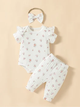 Baby Set girl leisure and simplicity printing short sleeves and trousers+Headband three piece 1
