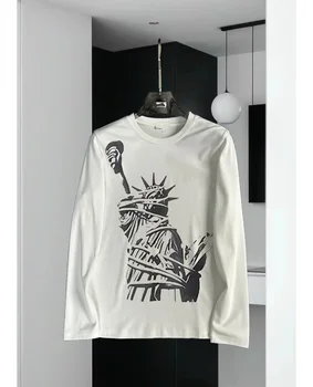 New men's pure cotton long-sleeved T-shirt, Statue of Liberty printed breathable long-sleeved shirt 1