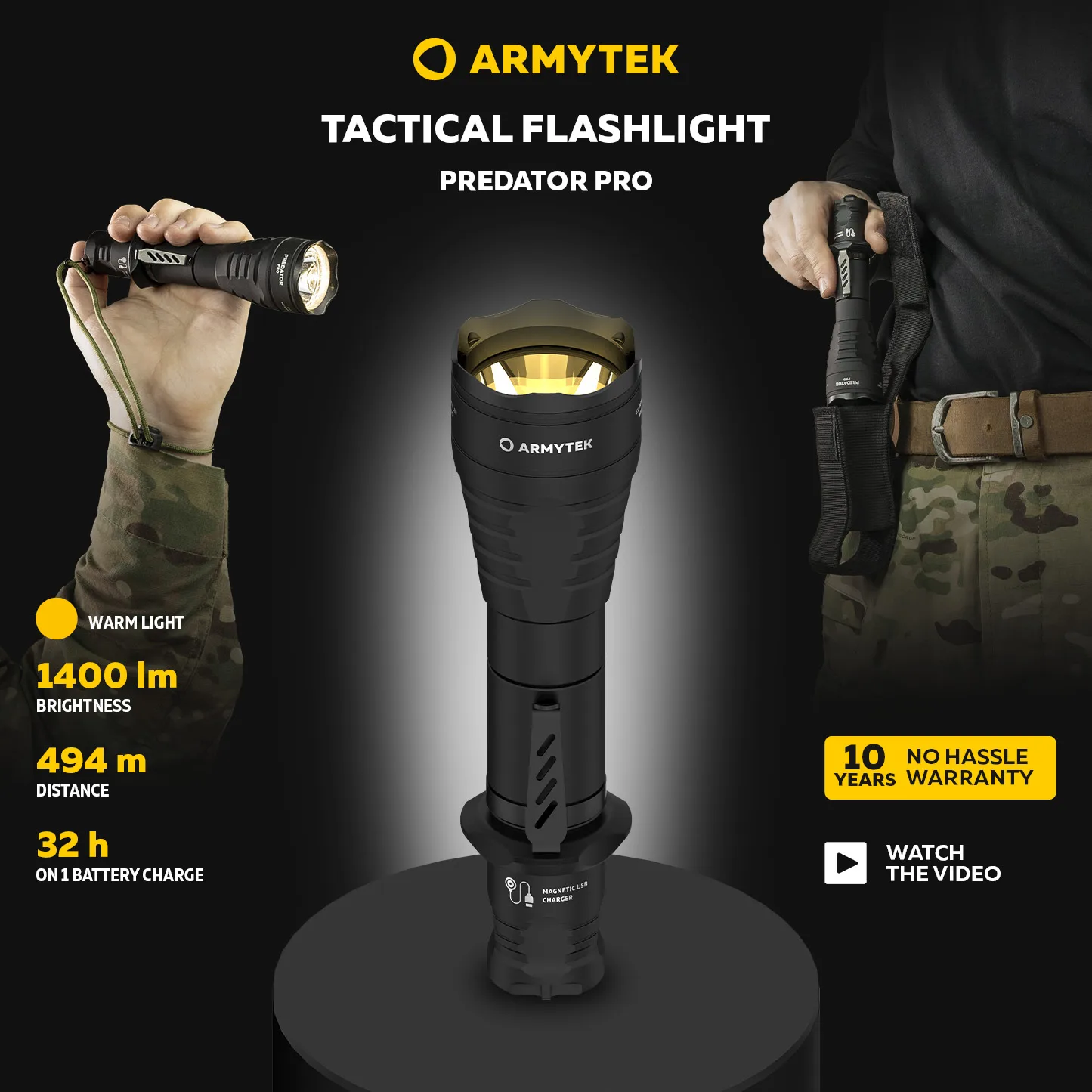 タクティカル懐中電灯armytekプレデタープロ磁気USB充電式長距離