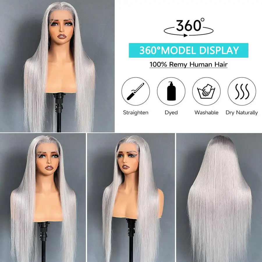 250 Density Silver Grey HD Lace Front Human Hair Wigs Pre Plucked Bone Straight 613 Colored 13X4 Lace Frontal Wigs Human Hair