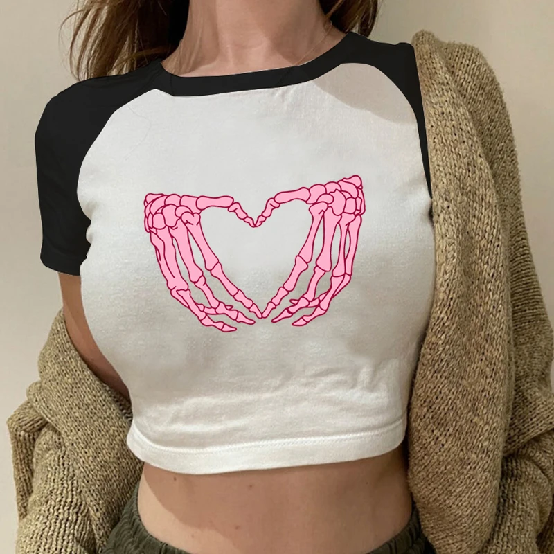 

Футболка Y2K женская с принтом в виде сердца, уличная одежда в американском ретро стиле, кроп-Футболка с рукавами реглан, модная рубашка с круглым вырезом, на лето