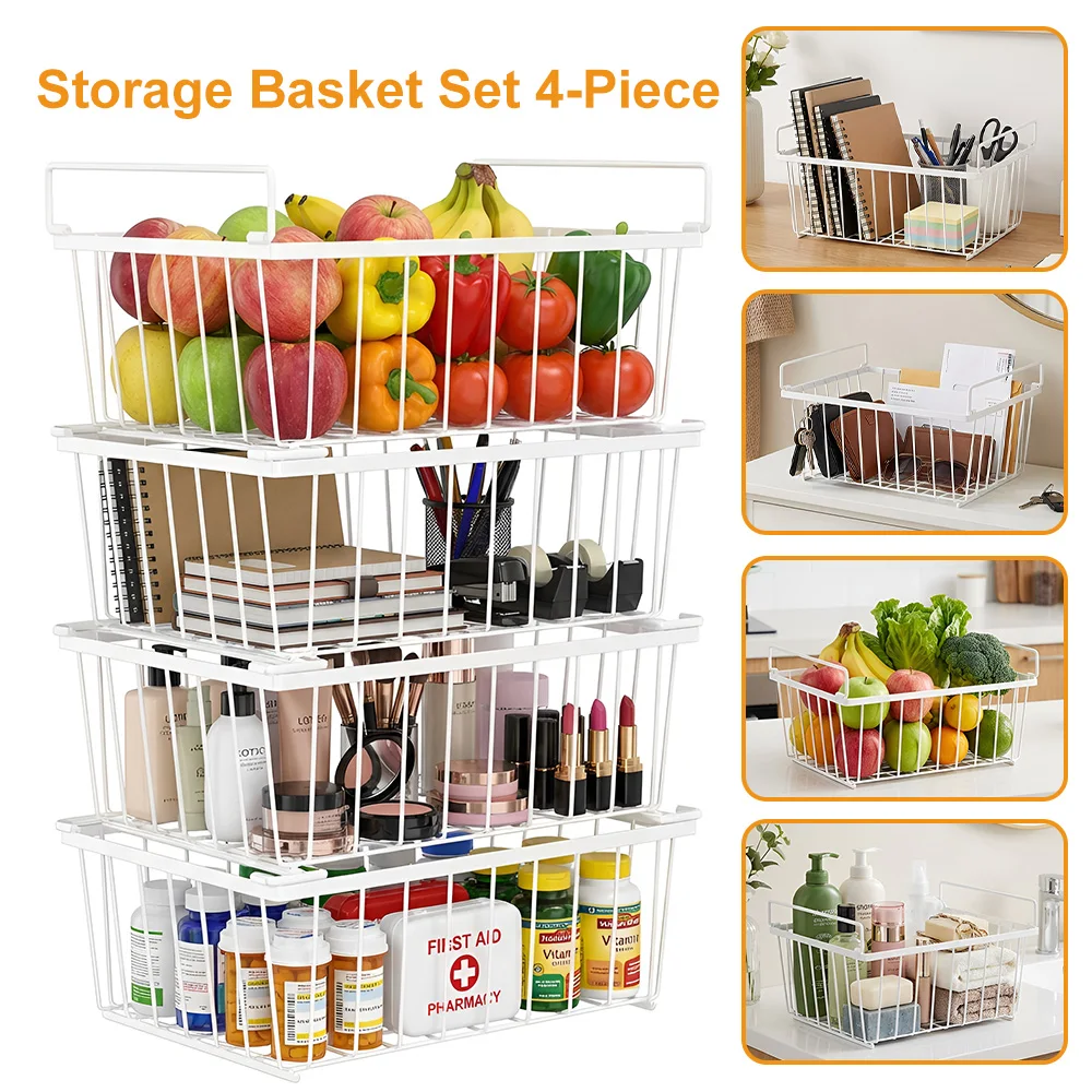 4Pcs Metal Wire Storage Basket With Adjustable Handle Multi-purpose Stackable Refrigerated Organizer Bin For Sorting Frozen Food