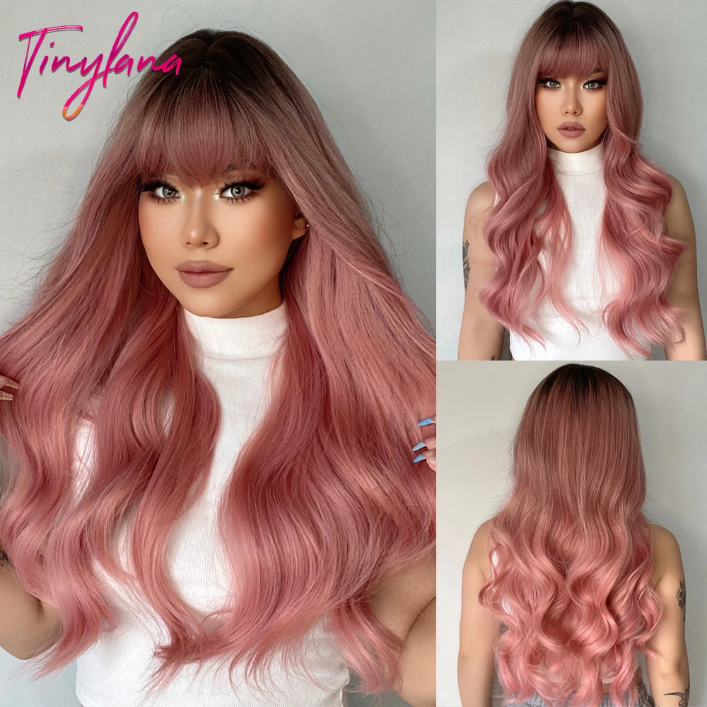 Gray Pink Long Wavy Synthetic Hair Wigs with Bangs for White