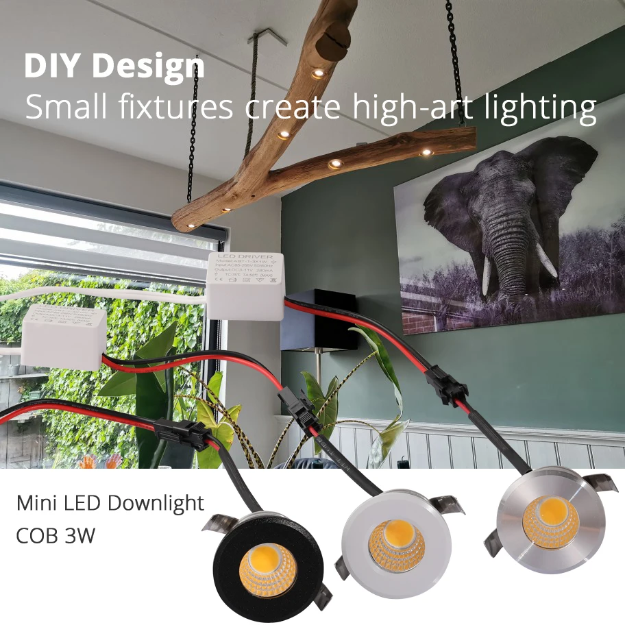 Description Picture 2 of item30pcs Small LED Spot Downlights COB 3W 270lm 110V 220V Dimmable Cabinet Light Black White Silver Finish Aluminum Cut Hole 30mm