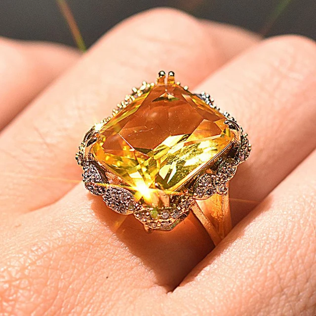 14K Solid Gold Pear Cut Yellow Topaz Three Stone Gemstone Ring