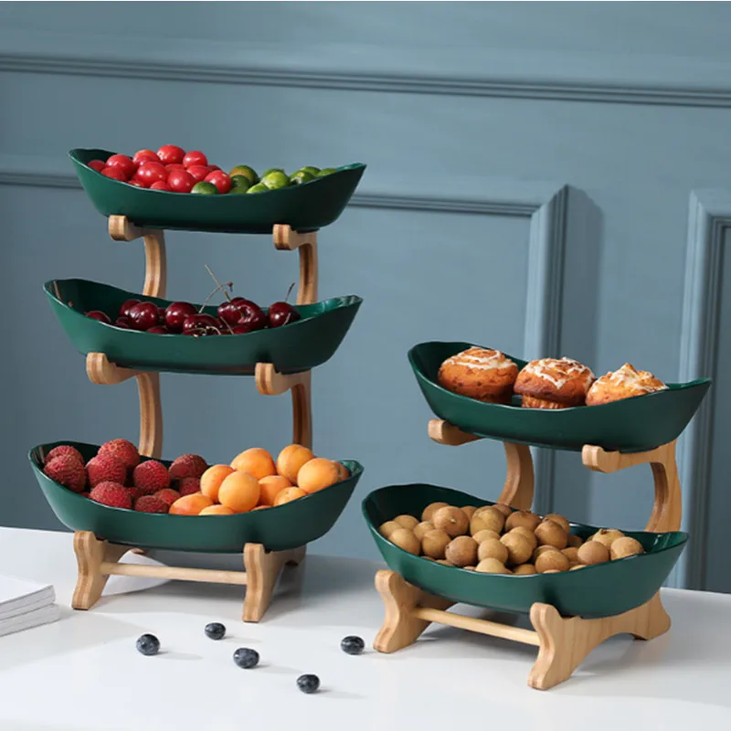1-3 Tiers Plastic Fruit Plate Wood Holder Oval Serving Bowl Party Bar Food Server Display Stand Candy Dish Shelves Home Storage plastic fruit plate