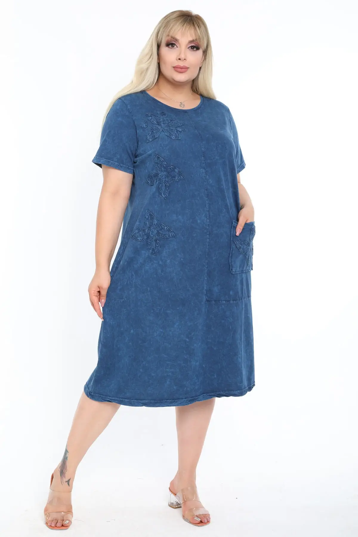 

Plus Size Women Wash Appliqué Dress Lycra Viscose Short Sleeve Round Neck Casual Stylish Summer Trend XL 2XL 3XL 4XL 5XL