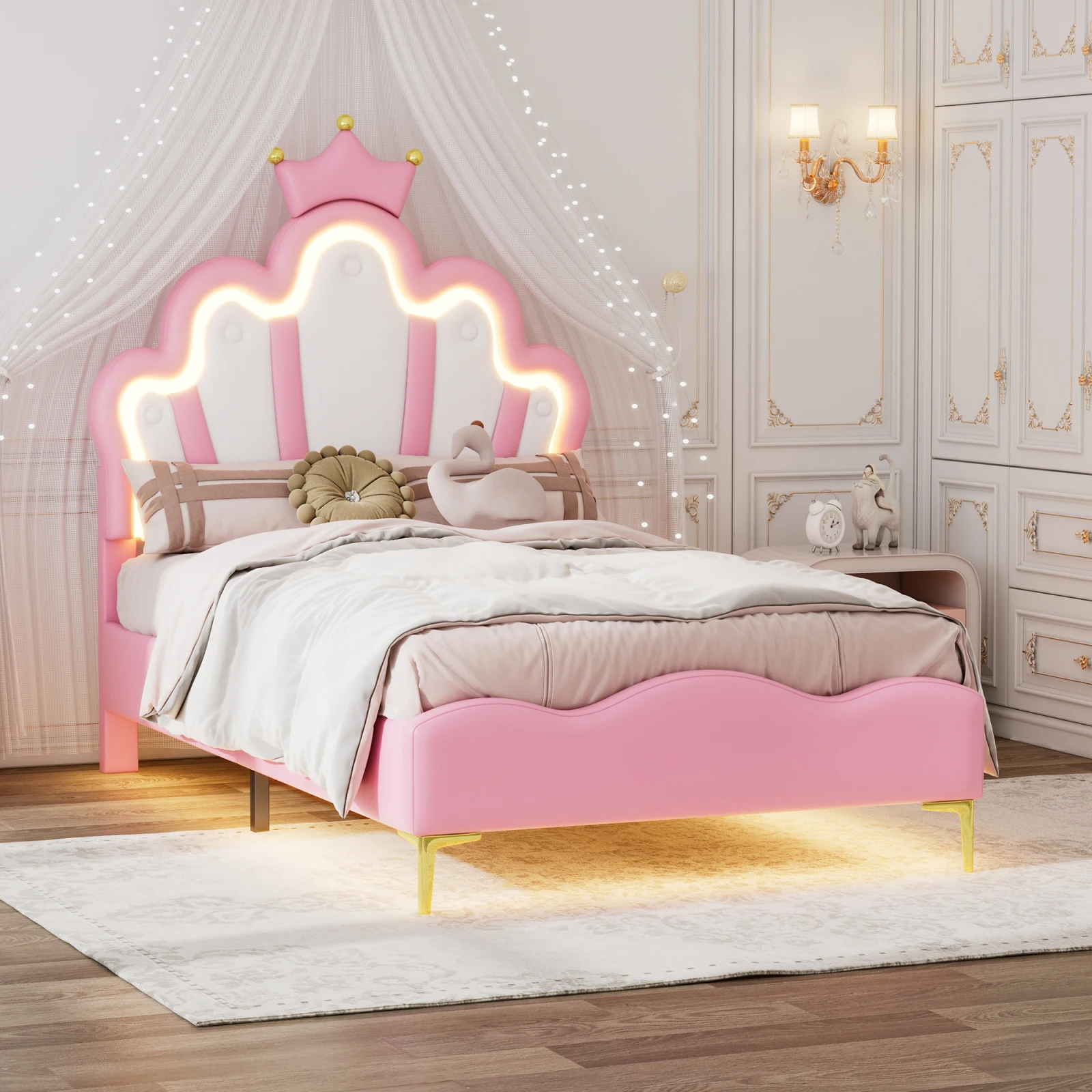 Anajqaqia 90x200cm Upholstered Bed, Children's Single Bed with Crown-Shaped Padding Headboard, LED Lighting Strip, PU, Pink