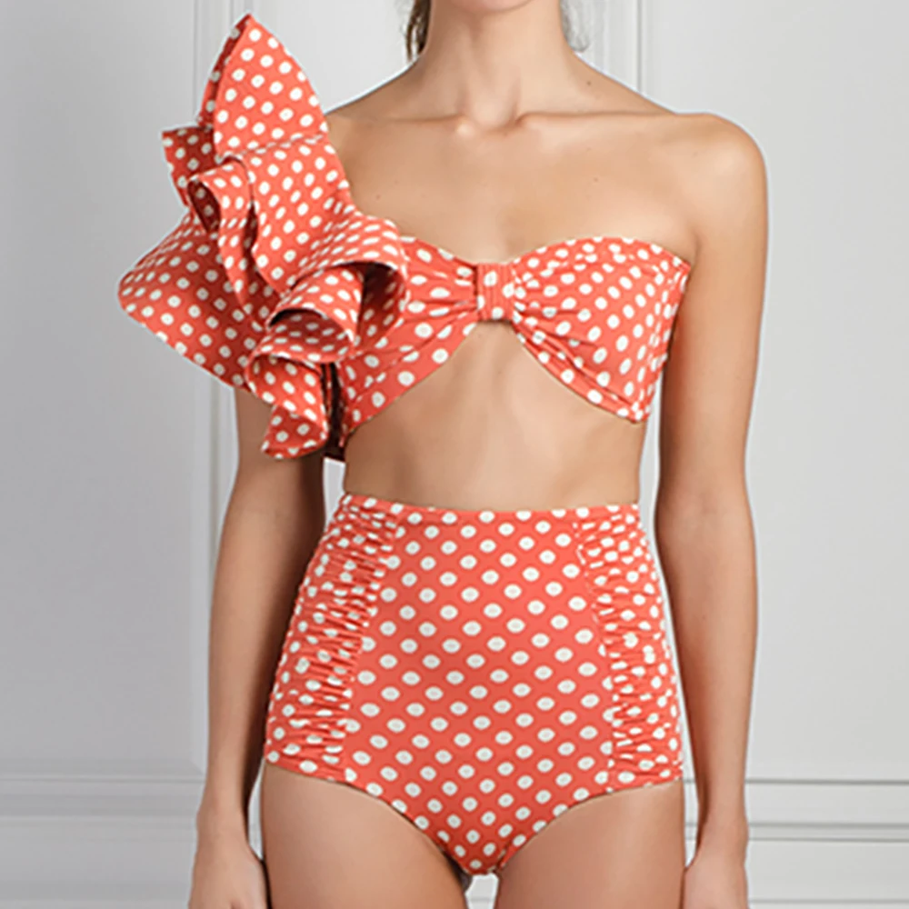 

Orange Polka Dot Print Bikini Three-Dimensional Pleated Ruffle Design Swimsuit Tube Top Elegant Hollow Split Swimwear 2022