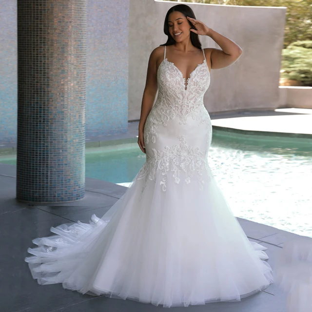 Plus Size Mermaid Wedding Dresses Sweetheart White Lace Bridal Gown Tiered  Train | eBay