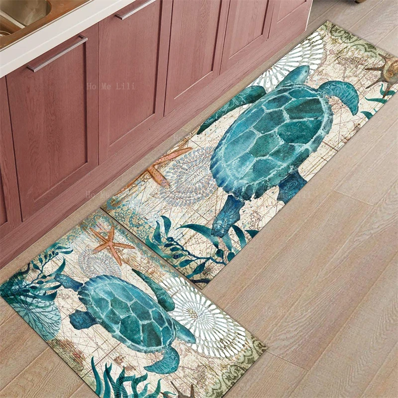 Teal Kitchen Rugs and Mats Non Skid Washable, Kitchen Mat Set of