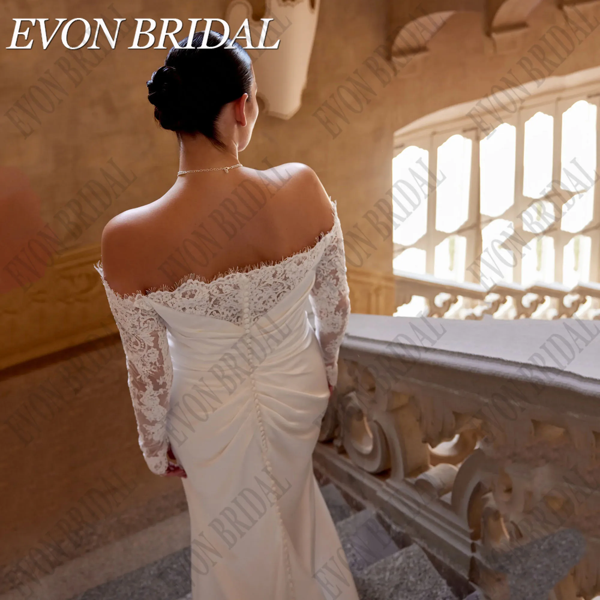 EVON BRIDAL 맞춤형 레이스 긴팔 스트랩리스 웨딩 원피스 플러스 사이즈, 인어 새틴, 모던 스플릿 신부 가운EVON BRIDAL 맞춤 레이스 긴소매 민소매 끈 커트 사이즈 여성용 인어단면 현대분체식 신