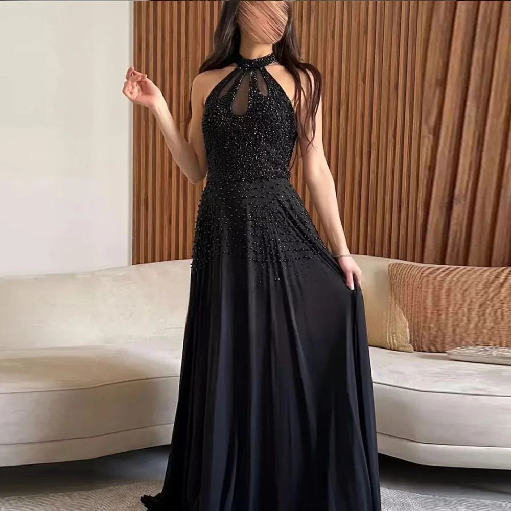 

High Collar Prom Gown Beading Sleeveless A-line Elegant Floor-Length Sweep Train Evening Party Dresses فساتين للحفلات الراقصة