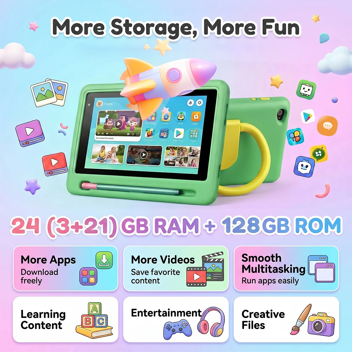 New K06 7" Kids Tablet PC Android16 24(3+21)GB Expanded RAM 128GB Storage Five‑Core Processor Shock‑Proof Protective Case Stylus Pen Learning Games Tablet For Boys Girls US Stock