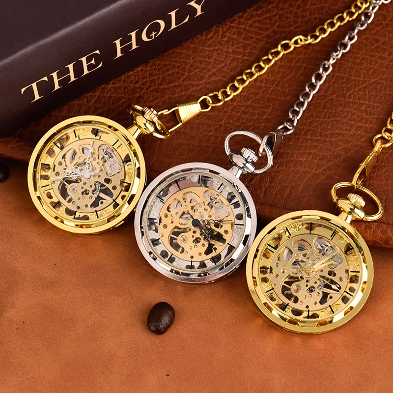 Luxury Golden Mechanical Pocket Watch for Men Women Transparent Dial Gold Case Fob Chain Pendant Clock for Collection Gift