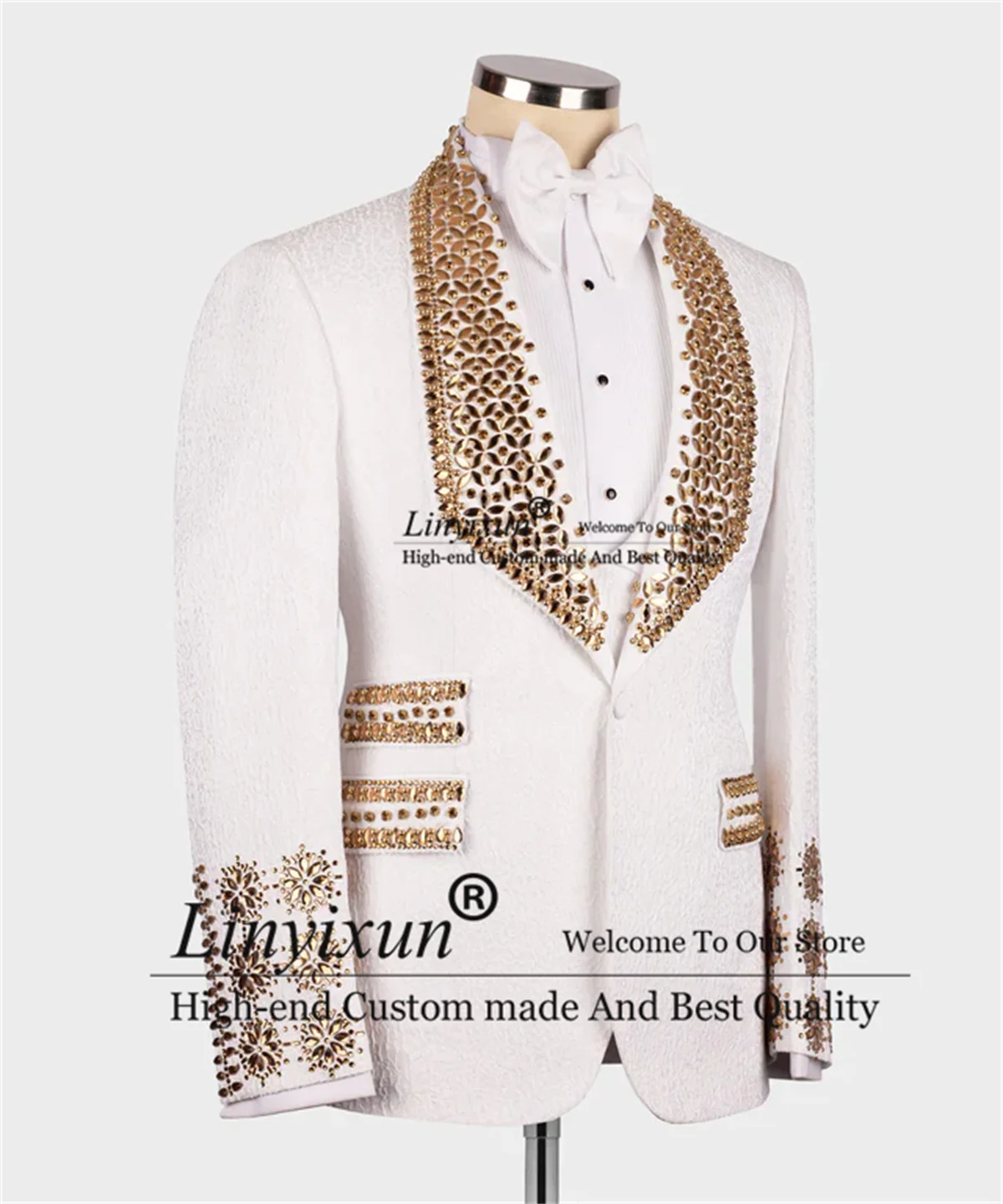 Gold Gem Stones White Tuxedo Luxury Beaded Men Suits Customized
