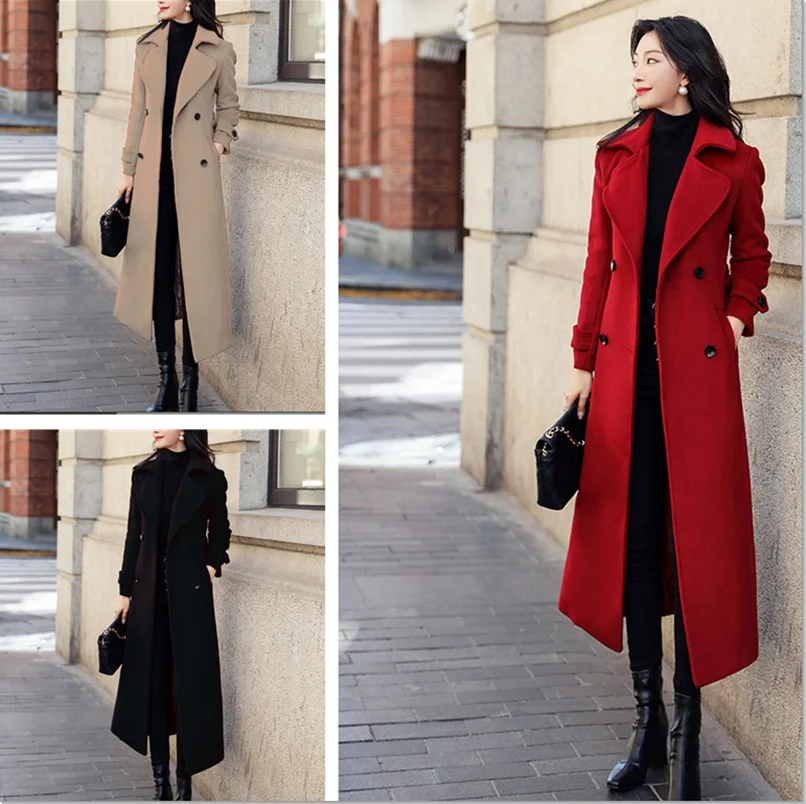 Autumn Winter Ladies Thick Long Trench Coat Jacket Causal Female Women Woolen Double-Breasted Outwear Overcoat Capes Plus Size