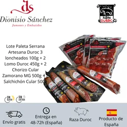 Lote Paleta Serrana Artesana Duroc 3 loncheados 100g + Lomo Duroc 450g aprox + 2 Chorizo Cular Zamorano MG 500g aprox + 2 Salchichón Cular 500g aprox en caja de regalo