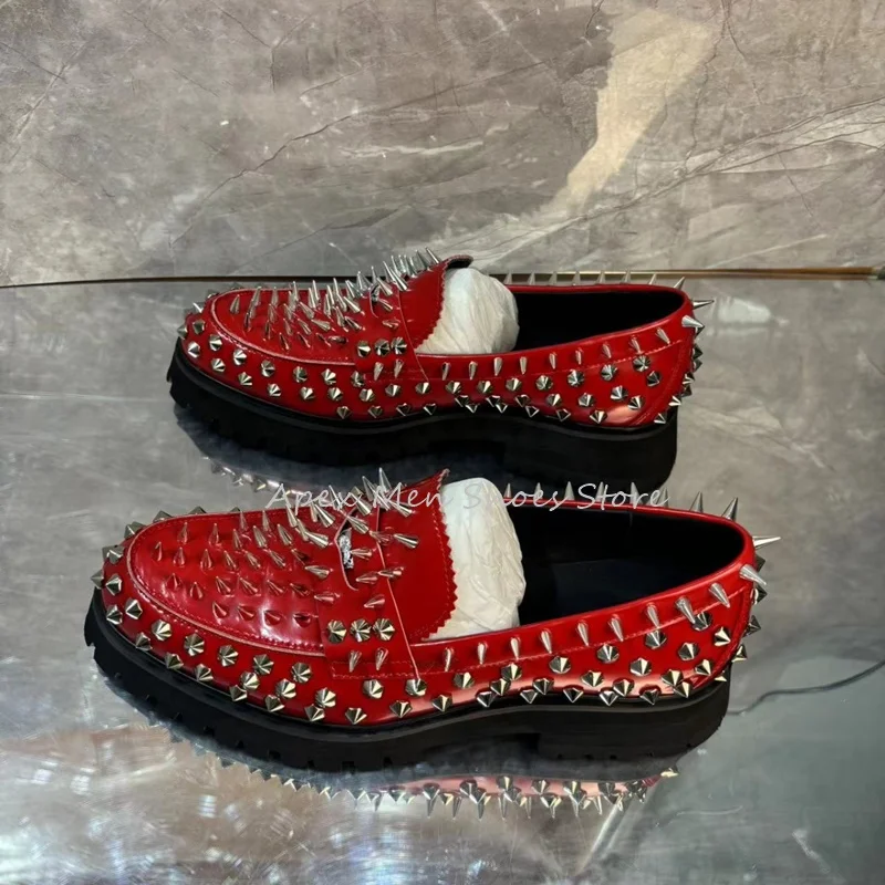 Spring Summer Red Business Casual Men's Shoes Banquet Dress Shoes Slip On Genuine Leather Oxford Rivet Design Trendy Loafers