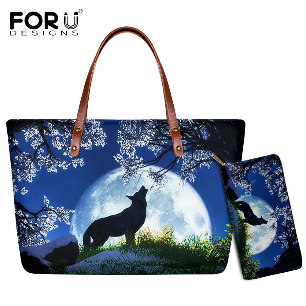 

FORUDESIGNS Lightweight Tote Bag with Wallet for Women Moon Wolf Pattern Classical Leisure Comfort Polyester Ladies Handbags Set