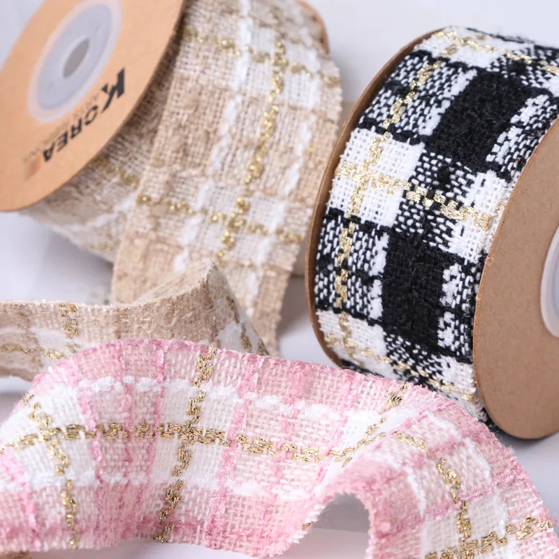 

Korean Gold Tweed Check Ribbon Handmade Hair Bows Accessories Corsage Cloth Collar Embroidery Material Trim 25mm 38mm 50Yards