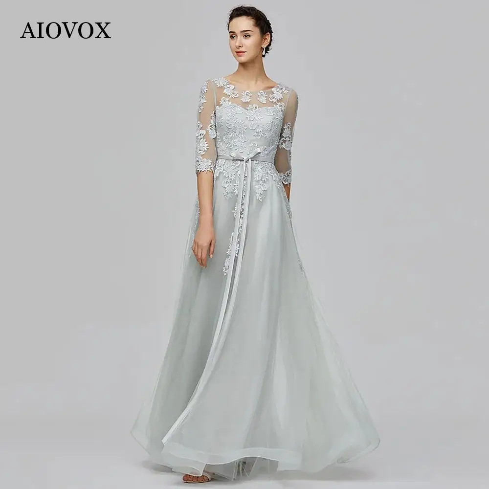 

AIOVOX Elegant Appliques Bridesmaid Dresses A-Line Organza Lace-Up Simple Evening Dresses For Women Illusion Vestidos De Noche