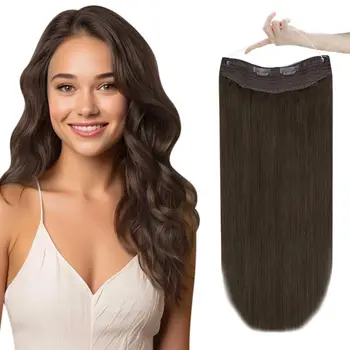 Invisible Wire Hair Extensions Human Hair Fish Line Hair Extensions Real Human Hair Darkest Brown #2 Wire Hair Extensions