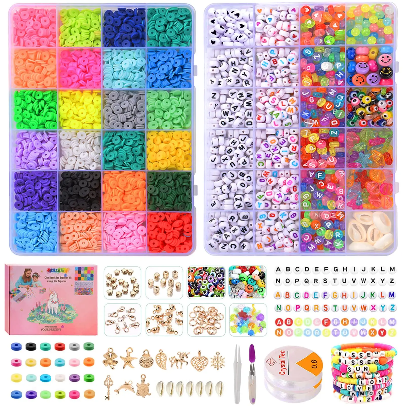 4800Pcs Clay Beads for Jewelry Making Bracelet Kit,Flat Round Polymer  Heishi Clay Beads with Pendant and Jump Rings Letter Beads for Bracelets