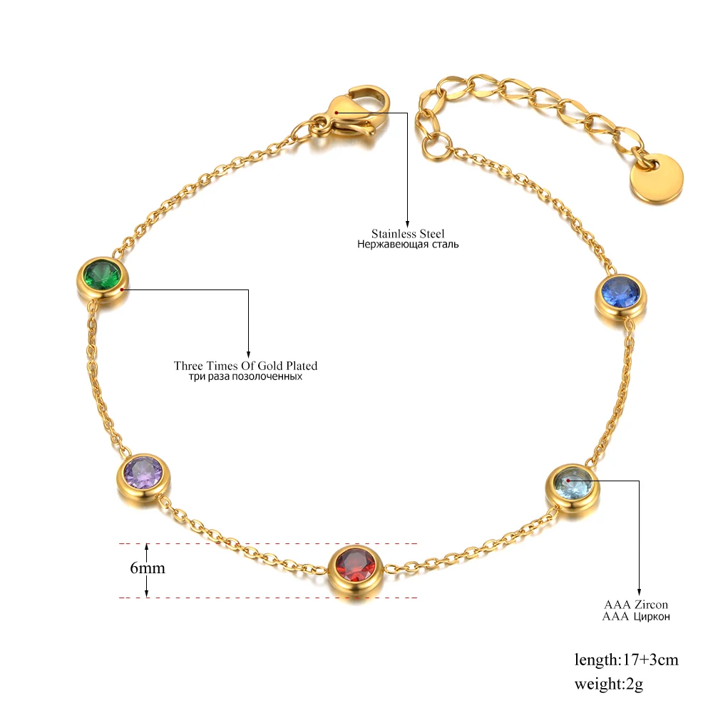 Stainless Steel Colorful Cubic Zirconia Charm Bracelets 18K Gold Plated Bohemia Chain Bracelet Jewelry for Women B21152 bracelet jewelry
