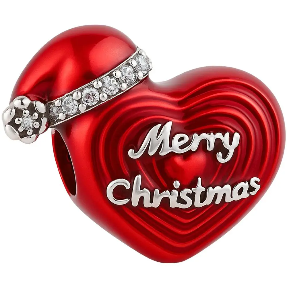 Charm corazón Merry Xmas, MXCXR-001, 1Pza, Plata S925 Chapa, Separador, Corazón navideño, Rojo/Plata, Caja Blanca 3x3cm.
